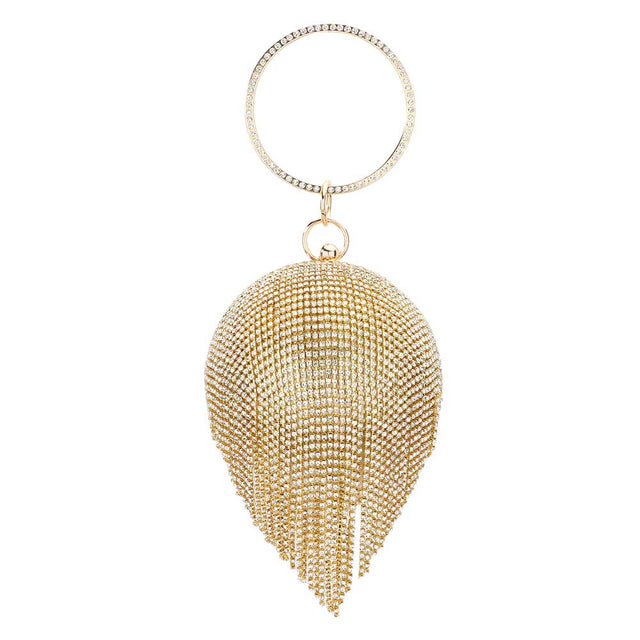 Gold Bling Round Ball Fringe Evening Tote Crossbody Bag, is beautifully designed and fit for all occasions & places. Show your trendy side with this awesome evening crossbody bag. Versatile enough for carrying straight through the week, perfectly lightweight to carry around all day on special occasions. Perfect for makeup, money, credit cards, keys or coins, and many more things.