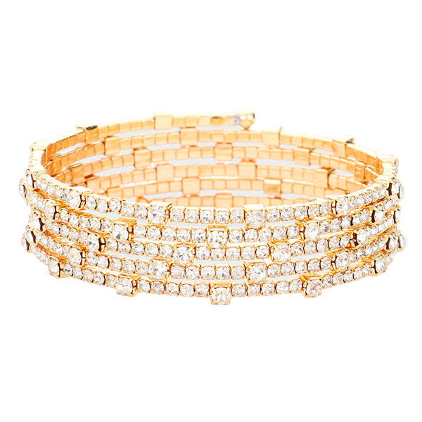 Gold Brass Metal Round Stone Accented Rhinestone Coil Bracelet, Get ready with these Rhinestone Coil Bracelet, put on a pop of color to complete your ensemble. Perfect for adding just the right amount of shimmer & shine and a touch of class to special events. Perfect Birthday Gift, Anniversary Gift, Mother's Day Gift.