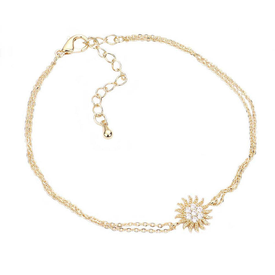 Gold CZ Brass Metal Sun Charm Accented Double Layered Bracelet. Get ready with these double layered Bracelet, put on a pop of color to complete your ensemble. Perfect for adding just the right amount of shimmer & shine and a touch of class to special events. Perfect Birthday Gift, Anniversary Gift, Mother's Day Gift, Graduation Gift, Prom Jewelry, Just Because Gift, Thank you Gift.