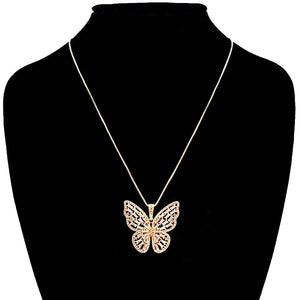 Gold CZ Butterfly Pendant Necklace, butterflies bring a message of positivity and hope, transformation & new beginnings, versatile enough for wearing straight through the week, delicate for all-day wear, coordinate with any ensemble from business casual to everyday wear, Get ready with these Pendant Necklace, put on a pop of color to complete your ensemble. Perfect for adding just the right amount of shimmer & shine and a touch of class to special events.