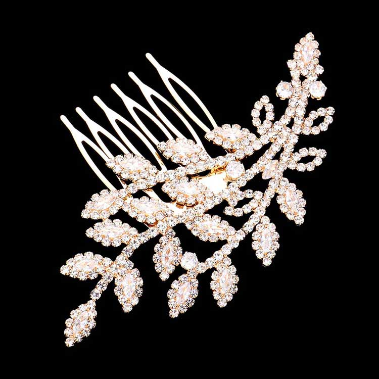 Gold CZ Marquise Accented Leaf Hair Comb, Keep your hairstyle as glamorous as you are with this sparkling hair comb! Add  spectacular sparkle into your hair do. Perfect for adding just the right amount of shimmer & shine, will add a touch of class, beauty and style to your wedding, prom, special events, embellished glass crystal to keep your hair sparkling all day & all night long.