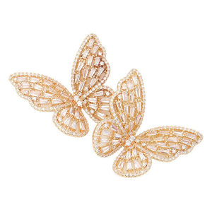 Gold CZ Stone Butterfly Evening Earrings, will take your look up a notch, versatile enough for wearing straight through the week, perfectly lightweight for all-day wear, coordinate with any ensemble from business casual to everyday wear, the perfect addition to every outfit. Adds a touch of nature-inspired butterfly themed  beauty to your look.Gift someone or yourself these ultra-chic earrings.
