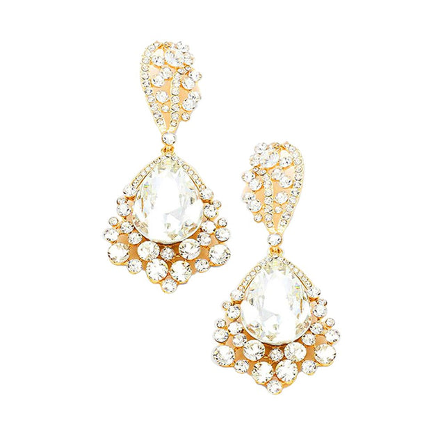 Gold Chunky Crystal Rhinestone Teardrop Bubble Evening Earrings, coordinate these earrings with any special outfit to draw the attention of the crowd on special occasions. Wear these evening earrings to show your unique yet attractive & beautiful choice on special days. These rhinestone earrings will dangle on your earlobes to show the perfect class and make others smile with joy.