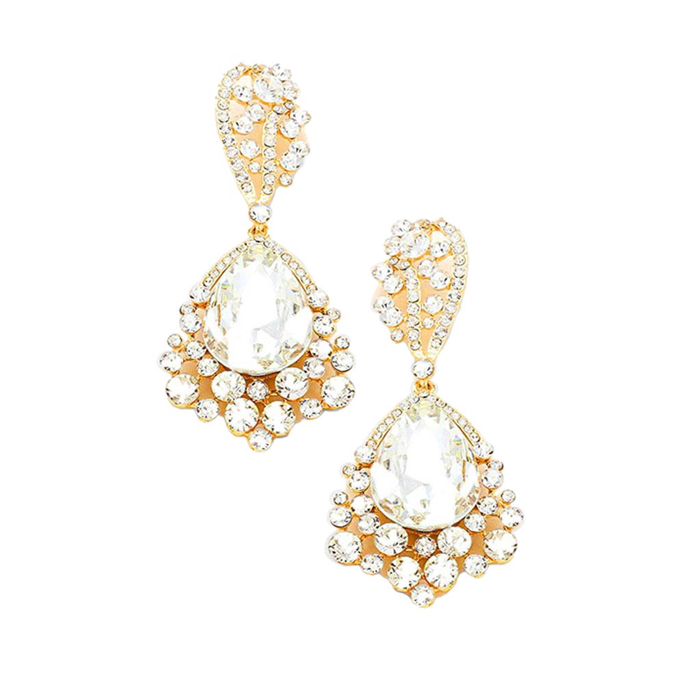 Gold Chunky Crystal Rhinestone Teardrop Bubble Evening Earrings, coordinate these earrings with any special outfit to draw the attention of the crowd on special occasions. Wear these evening earrings to show your unique yet attractive & beautiful choice on special days. These rhinestone earrings will dangle on your earlobes to show the perfect class and make others smile with joy.