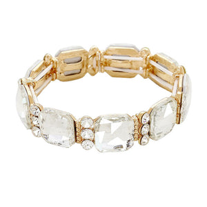 Gold Clear Sparkling Emerald Cut Glass Crystal Stretch Bracelet Crystal Bracelet , Glitzy glass crystals, stylish stretch bracelet that is easy to put on, take off and comfortable to wear. The perfect match for your LBD, multiple colors to match your wardrobe, Accent your work or casual attire with this  dazzling bracelet. 