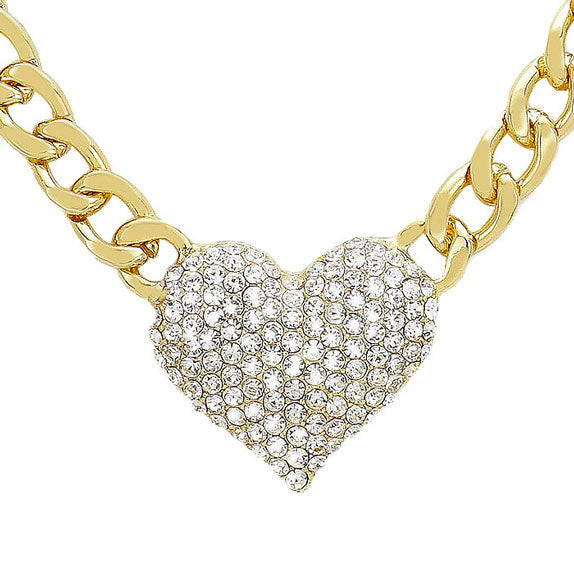 Gold Clear Heart Rhinestone Pave Chunky Metal Chain Necklace, Get ready with these Metal Chain  Necklace, put on a pop of color to complete your ensemble. Perfect for adding just the right amount of shimmer & shine and a touch of class to special events. Perfect Birthday Gift, Anniversary Gift, Mother's Day Gift, Graduation Gift.