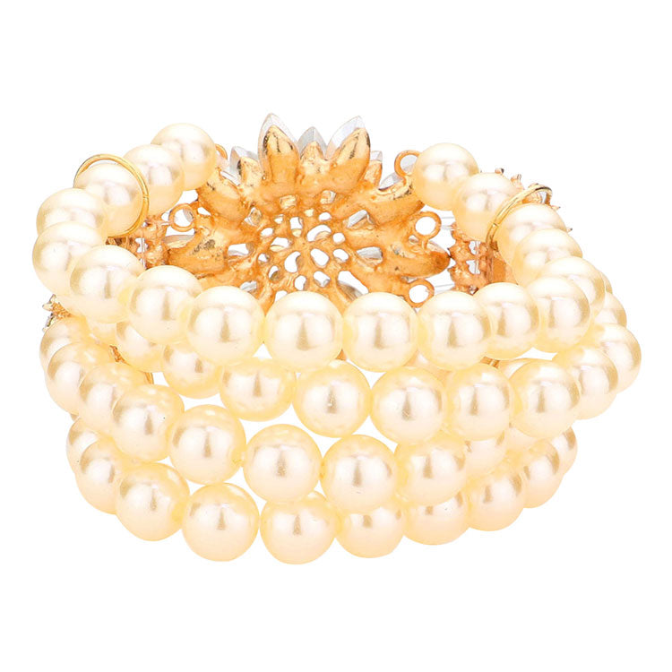 Gold Cream Flower Stone Embellished Pearl Stretch Bracelet. Get ready with these flower themed Bracelet, put on a pop of color to complete your ensemble. Perfect for adding just the right amount of shimmer & shine and a touch of class to special events.  just what you need to update your wardrobe .Perfect Birthday Gift, Anniversary Gift, Mother's Day Gift, Mom Gift, Thank you Gift, Just Because Gift, Daily Wear.