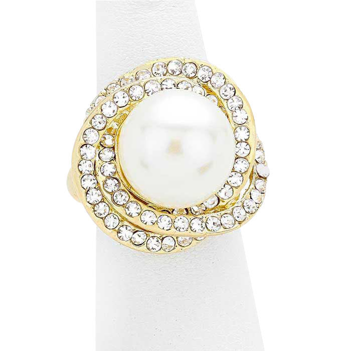 Gold Cream Clear Crystal Trim Pearl Stretch Ring, the Beautifully crafted design adds a gorgeous glow to your special outfit. Crystal trim pearl stretch ring that fits your lifestyle on special occasions! The perfect accessory for adding just the right amount of shimmer and a touch of class to special events.