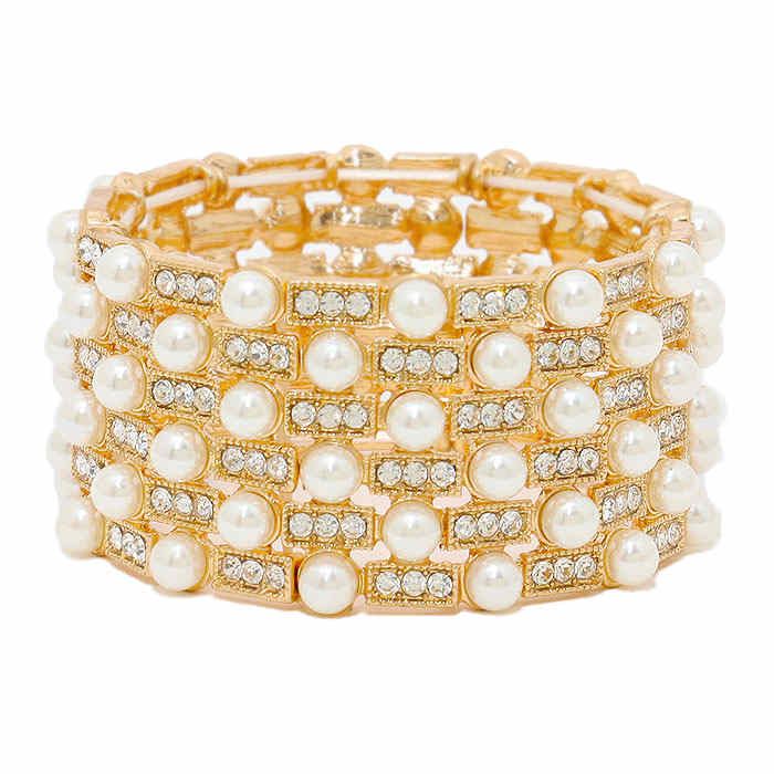 Gold Crystal & Pearl Embellished Stretch Bracelet Special Occasion. Look as regal on the outside as you feel on the inside, that mesmerizing look you have been craving for!  Gold Cream, White Rhodium 