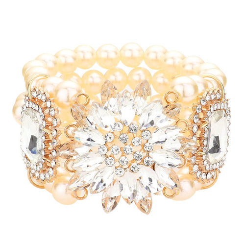Flower Stone Embellished Pearl Stretch Bracelet - Cream Gold