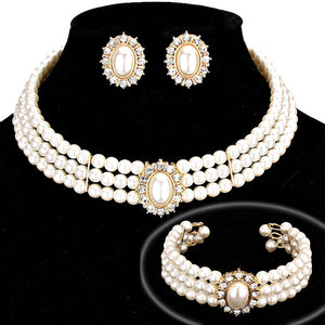 Gold Cream Rhinestone Trimmed Pearl Necklace Jewelry Set. Wear together or separate according to your event with different outfits to add perfect luxe and class with incomparable beauty.  Perfectly lightweight for wear. coordinate with any ensemble from business casual. A wonderful gift for birthdays, anniversaries, Valentine’s Day, or any special occasion. Have a praiseworthy look.