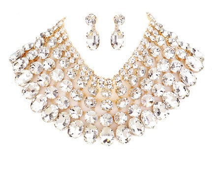 Gold Crystal Glass Bib Statement Necklace, designed to accent the neckline, oversized crystals dangle earrings, which are a perfect way to add sparkle to everything, showing off your elegance. Wear together or separate according to your event, versatile enough for wearing straight through the week, perfectly lightweight for all-day wear, coordinate with any ensemble from business casual to everyday wear, the perfect addition to every outfit. Adds a touch of beautiful inspired beauty to your look.