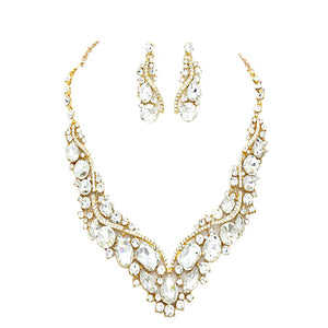 Gold Crystal Inset Necklace matching Earrings Evening Set, dare to dazzle with this bejeweled set designed to accent the neckline and enhance the eyes. Perfect for that LBD, add some glitz and Glamour. Ideal gift for a loved one or yourself. Perfect for a night out, holiday party, special event, wedding, prom, sweet 16