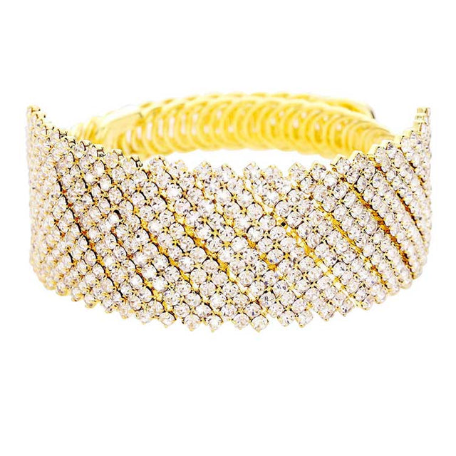 Gold Crystal Rhinestone Adjustable Evening Bracelet, brings a gorgeous glow to your outfit to show off the royalty on any special occasion. It's a perfect beauty that highlights your appearance and grasps everyone's eye on any special occasion. Wear this beauty to add a gorgeous glow to your special outfit at weddings, wedding showers, receptions, anniversaries, and other special occasions. A beautiful gift and an ideal choice for your loved one or yourself to glow on any special day!
