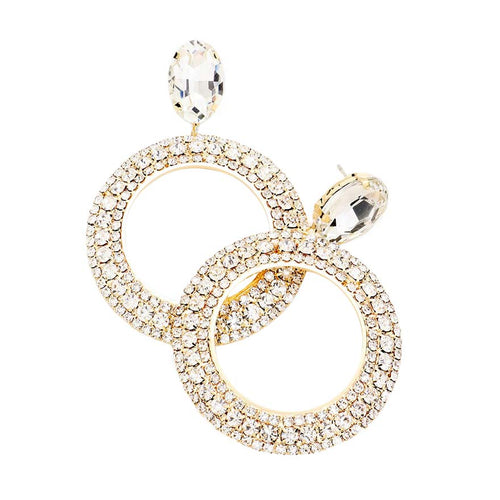 Crystal Rhinestone Open Circle Dangle Evening Earrings - Gold