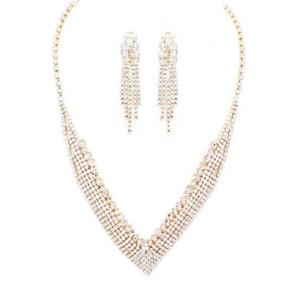 Gold Crystal Rhinestone Pave Collar Necklace Clip on Earring Set. Stunning jewelry set will sparkle all night long making you shine out like a diamond. Perfect for adding just the right amount of shimmer & shine and a touch of class to special events. Suitable for a night out on the town or a black tie party, Perfect Gift, Birthday, Anniversary, Prom, Mother's Day Gift, Sweet 16, Wedding, Quinceanera, Bridesmaid.