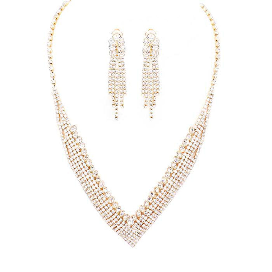 Gold Crystal Rhinestone Pave Collar Necklace Clip on Earring Set. Stunning jewelry set will sparkle all night long making you shine out like a diamond. Perfect for adding just the right amount of shimmer & shine and a touch of class to special events. Suitable for a night out on the town or a black tie party, Perfect Gift, Birthday, Anniversary, Prom, Mother's Day Gift, Sweet 16, Wedding, Quinceanera, Bridesmaid.
