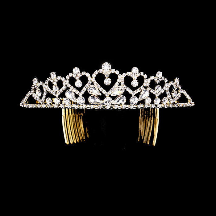 Gold Crystal Rhinestone Pave Heart Princess Tiara, These heart princess tiara is a classic royal tiara made from gorgeous rhinestone accented is the epitome of elegance. Exquisite design with gorgeous color and brightness, makes you more eye-catching in the crowd and also it will make you more charming and pretty without fail.