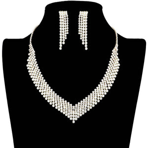 Gold Crystal Rhinestone Pave Necklace, These gorgeous Rhinestone pieces will show your perfect beauty & class on any special occasion. The elegance of these rhinestones goes unmatched. Great for wearing at a party! Perfect for adding just the right amount of glamour and sophistication to important occasions. These classy Rhinestone Pave Jewelry Sets are perfect for parties, Weddings, and Evenings. Awesome gift for birthdays, anniversaries, Valentine’s Day, or any special occasion