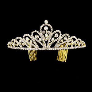 Gold Crystal Rhinestone Pave Pageant Queen Tiara, this tiara features precious stones and an artistic design. Makes You More Eye-catching in the Crowd. Suitable for Wedding, Engagement, Prom, Dinner Party, Any Occasion You Want to Be More Charming. Perfect Birthday, Anniversary , Mother's Day, Graduation Gift.