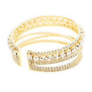 Gold Crystal Round Rhinestone Pave Cuff Bracelet, these rhinestone bracelets can light up any outfit, and make you feel absolutely flawless everywhere and even at any special occasion. Fabulous fashion and crystal round style adds a pop of pretty color to your attire that brings compliments to you. Coordinate with any ensemble from business casual to everyday wear and even special occasion outfits. Add something special to your outfit at any special occasion! 