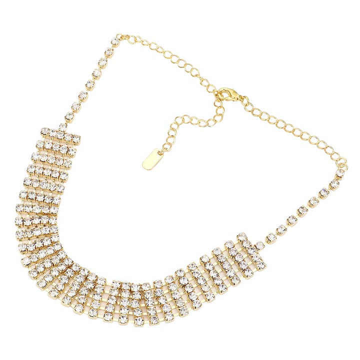 Gold Crystal rhinestone choker evening necklace, These gorgeous crystal jewelry sets will show your perfect beauty & class on any special occasion. The elegance of these stones goes unmatched. Great for wearing at a party! Perfect for adding just the right amount of glamour and sophistication to important occasions. These classy rhinestone choker jewelry sets are perfect for parties, weddings, and evenings