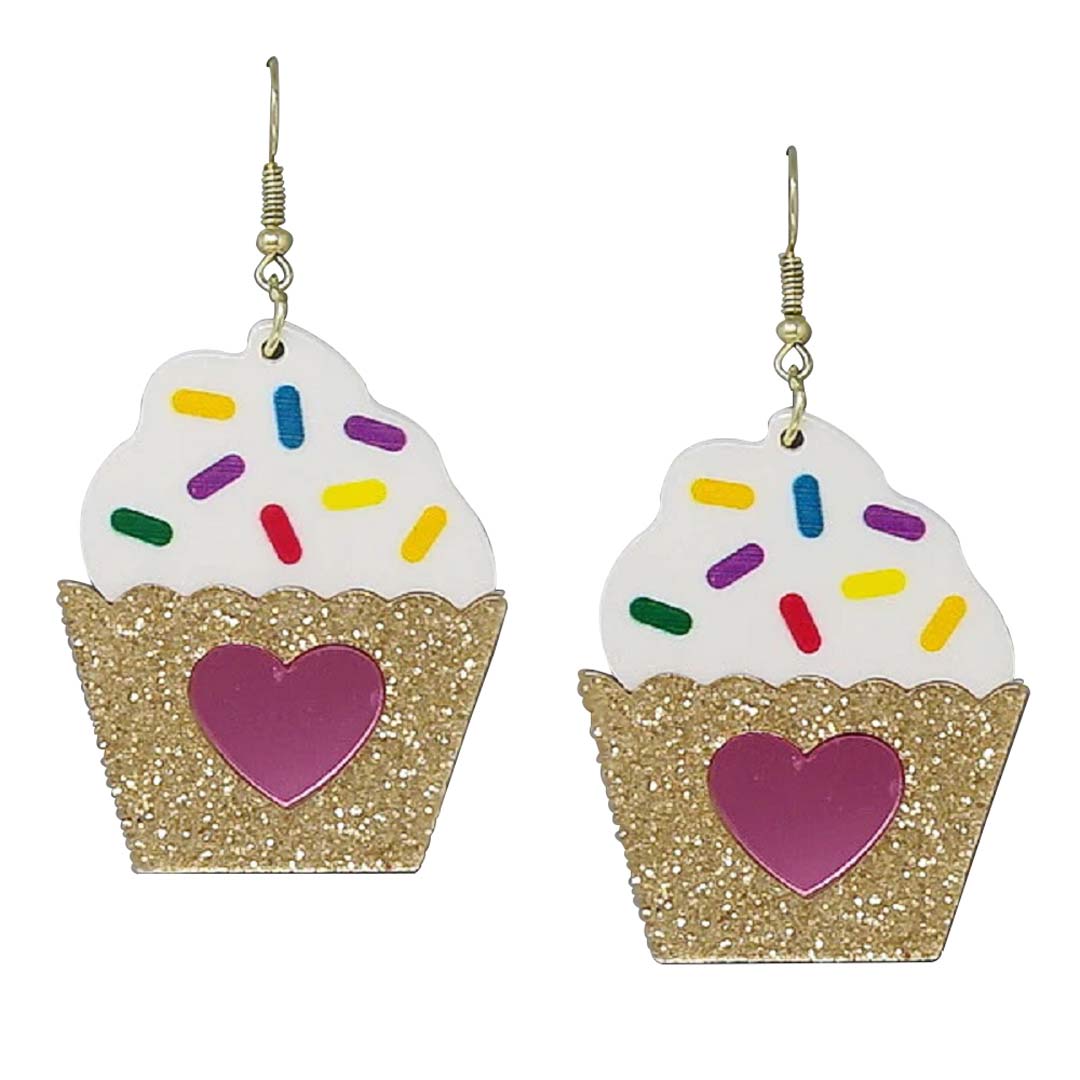 Gold Cupcake With Heart Acetate Earrings, An excellent piece of jewelry for this valentine that features a cool, decidedly chic, and always fun. The heart Cupcake earrings combine a heart with a beautiful palette crafted entirely. Fun handcrafted jewelry that fits your lifestyle adding a pop of pretty color. It is so comfortable to wear these lightweight cute earrings pair for every day of Valentine's week.