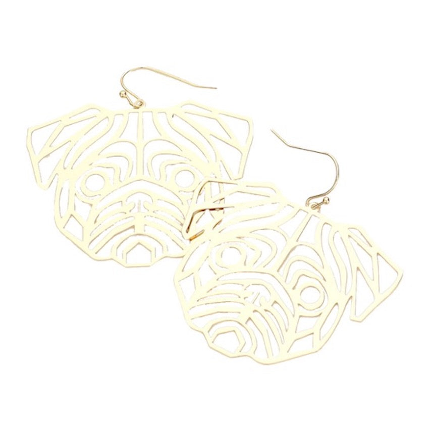 Gold Cut Out Brass Metal Detail Bulldog Charm Accented Dog Dangle Earrings; elegance becomes you, light, playful, glamorous, the perfect accessory to add sophisticated glow, throw your hair up, show off how artfully these sway! Weddings, Prom, Sweet 16, Graduation, Perfect Gift Birthday, Christmas, Anniversary, Pet Dog Mom