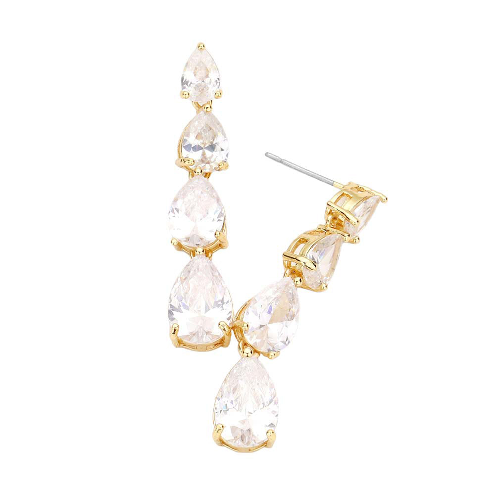 Gold Cz Teardrop Link Dangle Evening Earrings, wear these intricate earrings to stand out and be trendy this season on any special occasion!  The perfect set of sparkling earrings that adds a sophisticated & stylish glow to any outfit. They dangle on your earlobs to show the perfect beauty with confidence on any special occasions. Perfect Birthday, Anniversary, Mother's Day, Graduation, Prom Jewelry, Just Because, Thank you, Valentine's Day, 