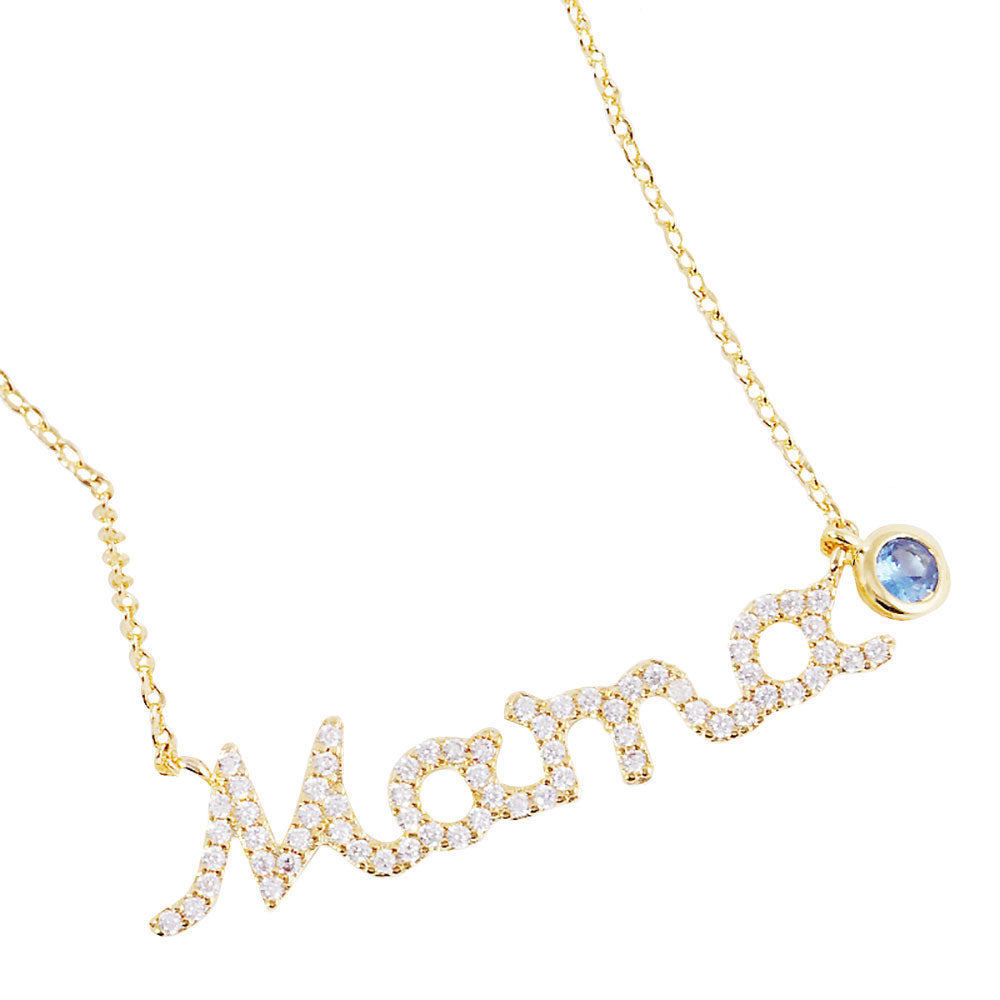 Gold December Birthstone MAMA Message Pendant Necklace. Elegant jewelry brightens up your brilliant life. No matter when, a mother is always there to accompany you and protect you. The mother necklace keeps our love close to mom.  Make your mother feel special by giving this MAMA pendant necklace as a gift and expressing your love for your mother on this Mother's Day.