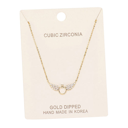 Gold Dipped Cubic Zirconia Wings Pendant Necklace - Gold