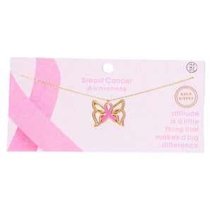 Gold Dipped Enamel Pink Ribbon Accented Butterfly Pendant Necklace. Beautifully crafted design adds a gorgeous glow to any outfit. Jewelry that fits your lifestyle! Perfect Birthday Gift, Anniversary Gift, Mother's Day Gift, Anniversary Gift, Graduation Gift, Prom Jewelry, Just Because Gift, Thank you Gift.