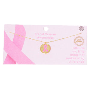 Gold Dipped Enamel Pink Ribbon Accented Metal Disc Pendant Necklace. Beautifully crafted design adds a gorgeous glow to any outfit. Jewelry that fits your lifestyle! Perfect Birthday Gift, Anniversary Gift, Mother's Day Gift, Anniversary Gift, Graduation Gift, Prom Jewelry, Just Because Gift, Thank you Gift.