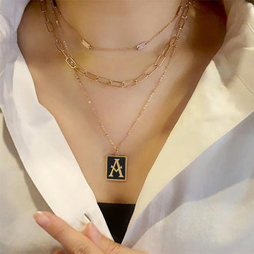 Gold Dipped Enamel Rectangle Monogram Pendant Necklace - Necklaces