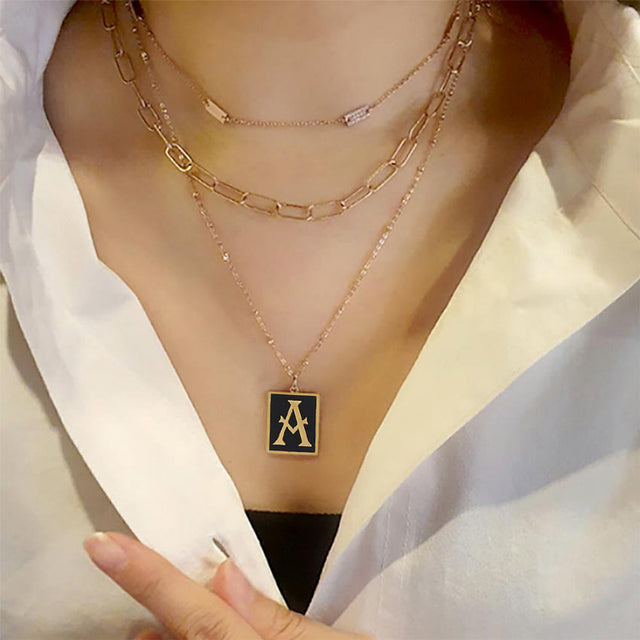Gold Dipped Enamel Rectangle Monogram Pendant Necklace - Necklaces
