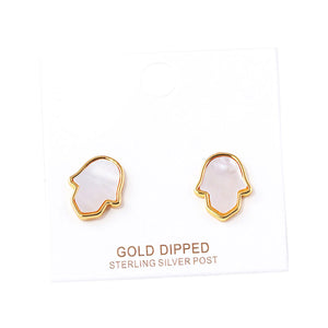 Gold Dipped Metal Trim Mother Pearl Hamsa Hand Stud Earrings, put on a pop of colour to complete your ensemble. Beautifully crafted design adds a gorgeous glow to any outfit. Perfect for adding just the right amount of shimmer & shine. Perfect for Birthday Gift, Anniversary Gift, Mother's Day Gift, Graduation Gift.