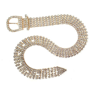 Gold Embellished Crystal Rhinestone Buckle Belt, a timeless selection, luminous crystals add luxurious shine to this eye-catching rhinestone chain hip adjustable belt, dare to dazzle with this radiant accessory will make a standout style, coordinates with any ensemble from day to night. Perfect gift for your self or a loved one.