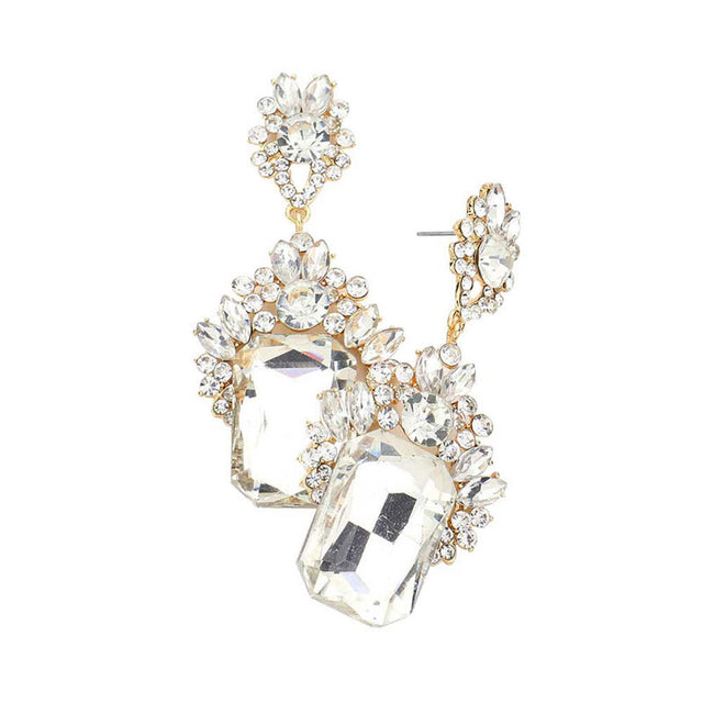 Gold Emerald Cut Stone Accented Evening Earrings, These gorgeous Stone pieces will show your class in any special occasion. The elegance of these evening earrings goes unmatched. the perfect sparkling accessory to add some sophisticated fun to your outfit. Suitable for wear Party, Wedding, Date Night or any special events. Perfect gift for Birthday gift, Anniversary gift, Thank you Gift, Valentine‚Äôs Day or any special occasion.