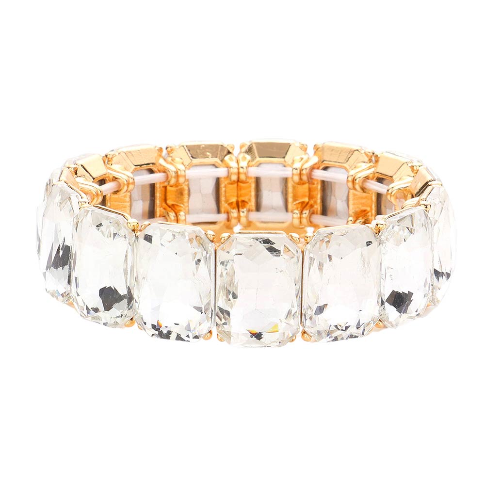 Gold Emerald Cut Stone Stretch Evening Bracelet, These gorgeous Emerald Cut Stone pieces will show your class on any special occasion. Eye-catching sparkle, the sophisticated look you have been craving for! These bracelets are perfect for any event whether formal or casual or for going to a party or special occasion.