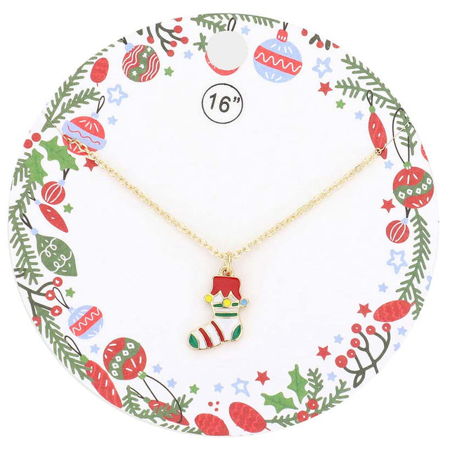 Gold Enamel Christmas Sock Pendant Necklace, get ready with these Pendant Necklace to receive the best compliments this Christmas. Love token of your appreciation, these sock pendant necklaces match your Christmas outfit in perfect style. Feel the warmth of Christmas and embrace the spirit with these beautiful pendant necklaces. These stylish necklaces are perfect seasonal for Christmas, December birthdays, Thank you, special occasions, or as a gift to mothers. Merry Christmas!