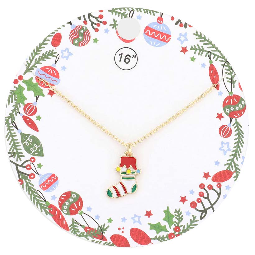 Gold Enamel Christmas Sock Pendant Necklace, get ready with these Pendant Necklace to receive the best compliments this Christmas. Love token of your appreciation, these sock pendant necklaces match your Christmas outfit in perfect style. Feel the warmth of Christmas and embrace the spirit with these beautiful pendant necklaces. These stylish necklaces are perfect seasonal for Christmas, December birthdays, Thank you, special occasions, or as a gift to mothers. Merry Christmas!