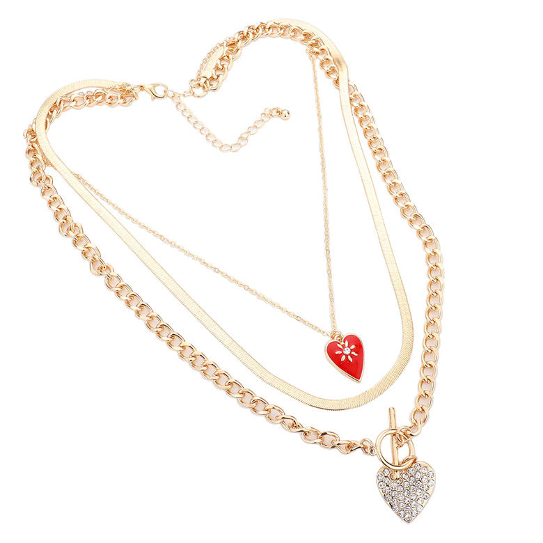 Gold Enamel Rhinestone Embellished Heart Pendant Triple Layered Necklace, Get ready with these Pendant Necklace, put on a pop of color to complete your ensemble. Perfect for adding just the right amount of shimmer & shine and a touch of class to special events. Perfect Birthday Gift, Anniversary Gift, Mother's Day Gift, Valentine's Day Gift.