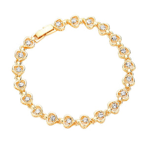 Gold Fashionable Stone Embellished Metal Heart Link Evening Bracelet. These heart themed bracelet adds a extra glow to your outfit. Pair these with tee and jeans and you are good to go. Jewelry that fits your lifestyle! It will be your new favorite go-to accessory. Perfect jewelry gift to expand a woman's fashion wardrobe with a classic, timeless style. Awesome gift for birthday, Anniversary, Valentine’s Day or any special occasion.