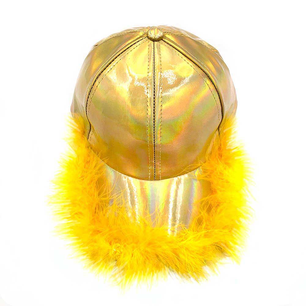 Gold Faux Feather Trimmed Hologram Baseball Cap, is an excellent trimmed hologram baseball cap that will reveal your smart and trendy choice! You’ll want to reach for this toasty warm cap for those chilly days or when having a bad hair day. Feather trimmed hologram baseball cap keeps you incredibly warm and looking totally trendy & chic. Accessorize the fun way with this feather-trimmed hologram baseball hat, it's the autumnal touch you need to finish your outfit in style