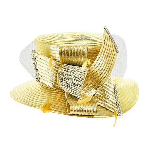 Feather Crystal Detail Metallic Satin Hat - Gold