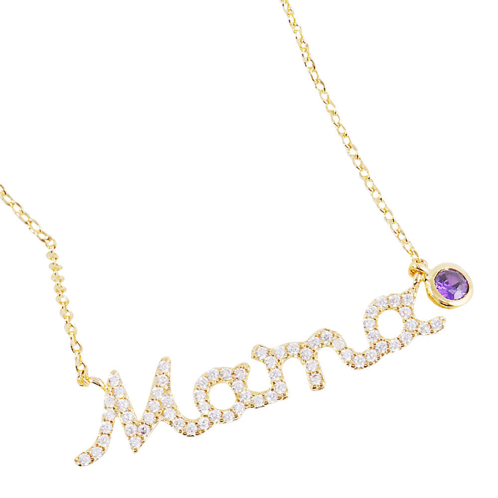 Gold February Birthstone MAMA Message Pendant Necklace, Elegant jewelry brightens up your brilliant life. No matter when, a mother is always there to accompany you and protect you. Make your mother feel special by giving this MAMA pendant necklace as a gift and expressing your love for your mother on Mother's Day, Birthday gift, Anniversary Gift, Thank you gift, Just Because Gift, Thank you gift.