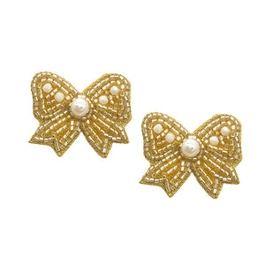 Gold Felt Back Pearl Seed Beaded Bow Earrings. perfect for the festive season, embrace the occasion spirit with these cute enamel Bow Earrings, these sweet delicate gift earrings are sure to bring a smile to your face. Surprise your loved ones on beautiful occasion. Great gift idea for Wife, Mom, or your Loving One.