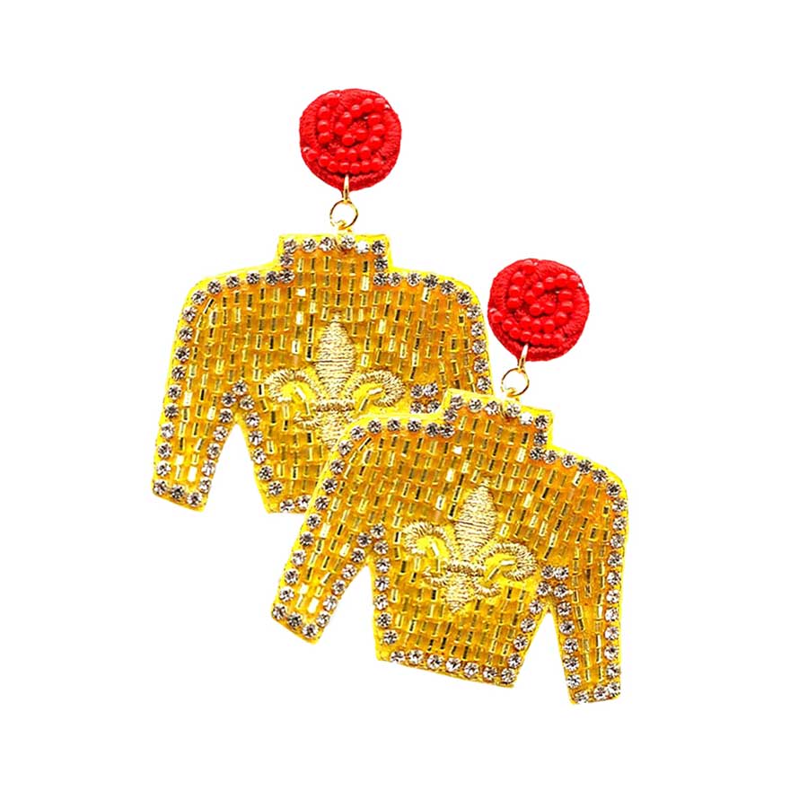 Gold Felt Back Seed Beaded Fleur de Lis Top Dangle Earrings, are beautifully crafted earrings that dangle on your earlobes with a perfect glow to make you stand out and show your unique and beautiful look everywhere. Put on a pop of color to complete your ensemble stylishly with these Fleur de Lis-themed earrings. Highlight your appearance and grasp everyone's eye at any place. Enhance your attire with these beautiful artisanal earrings to show off your fun trendsetting style.