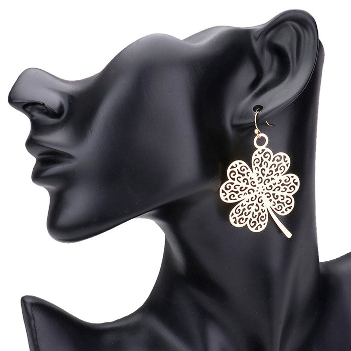 Gold Filigree Brass Metal Clover Dangle Earrings, Beautifully crafted design adds a gorgeous glow to any outfit. Look like the ultimate fashionista with these Earrings! Add something special to your outfit ! special It will be your new favorite accessory! Perfect Birthday Gift, Anniversary Gift, Mother's Day Gift, Graduation Gift, Prom Jewelry, Just Because Gift, Thank you Gift or any Special Occasions.