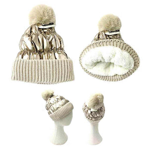 Gold Fleece Lining Puffer Knit Pom Pom Beanie Hat, Whether you're dressing up or dressing down, you'll look effortlessly stylish in this Knitted pom pom beanie. It provides warmth to your head and ears. Puffer Outer material creates a Shiny and Metallic outlook. Daily wear and holiday also match. Perfect gift idea too!